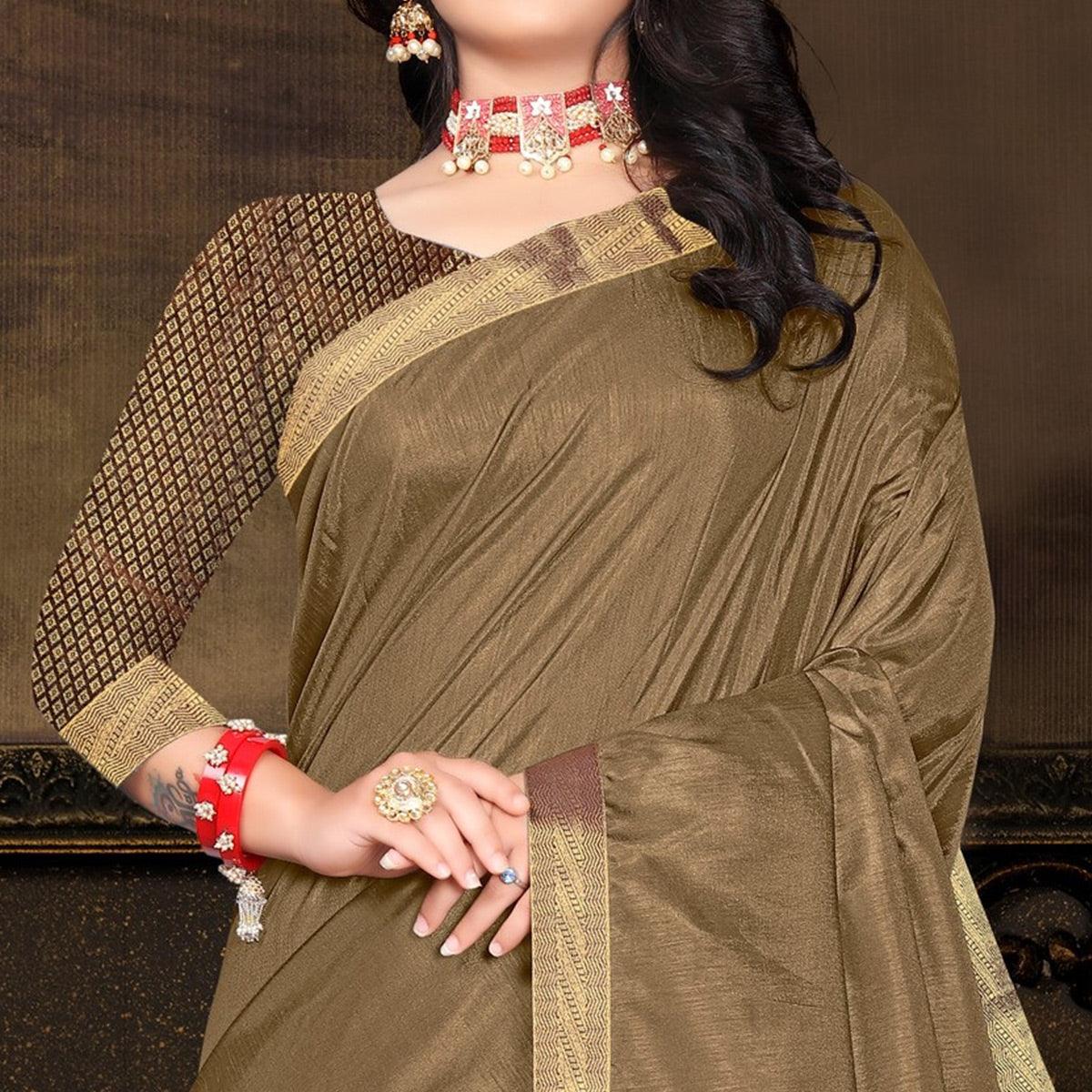 Brown Solid Vichitra Silk Saree