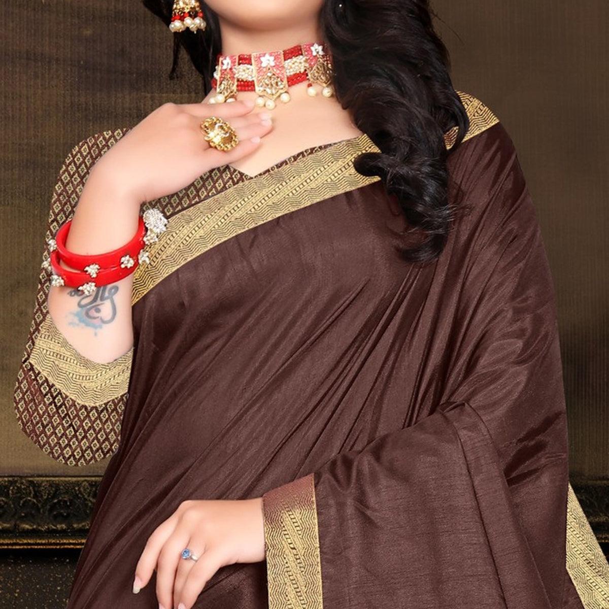 Brown Solid Vichitra Silk Saree