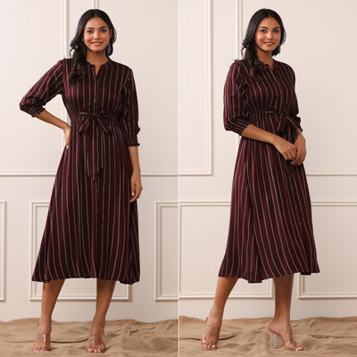 Brown Stripe Printed Rayon Dress