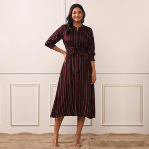 Brown Stripe Printed Rayon Dress
