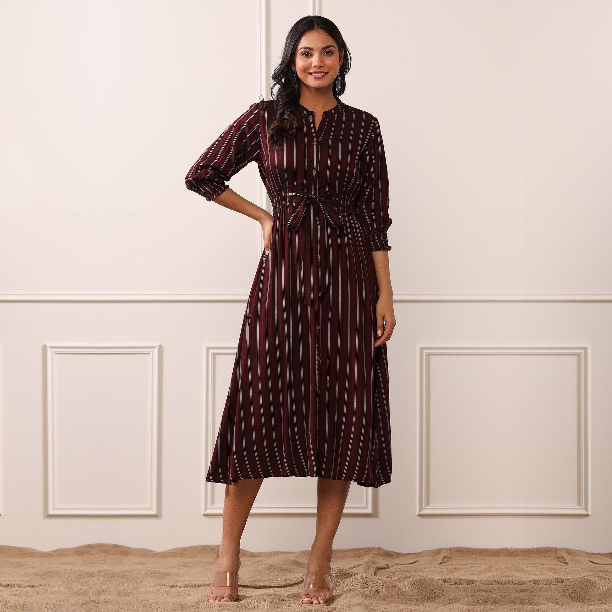Brown Stripe Printed Rayon Dress