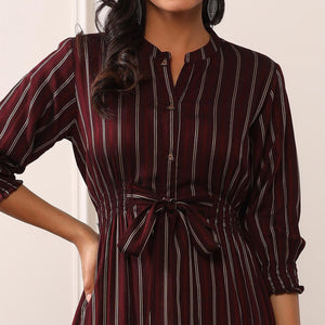 Brown Stripe Printed Rayon Dress