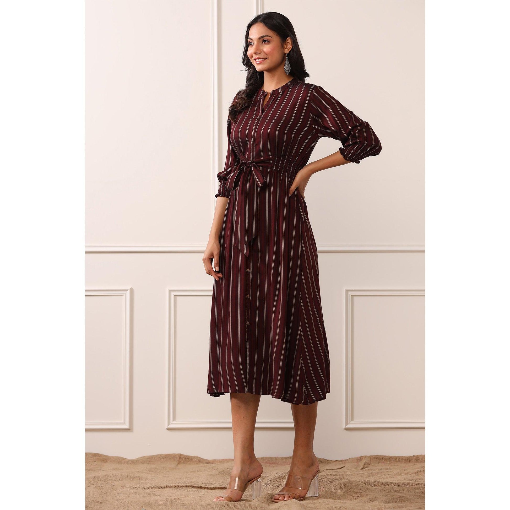 Brown Stripe Printed Rayon Dress