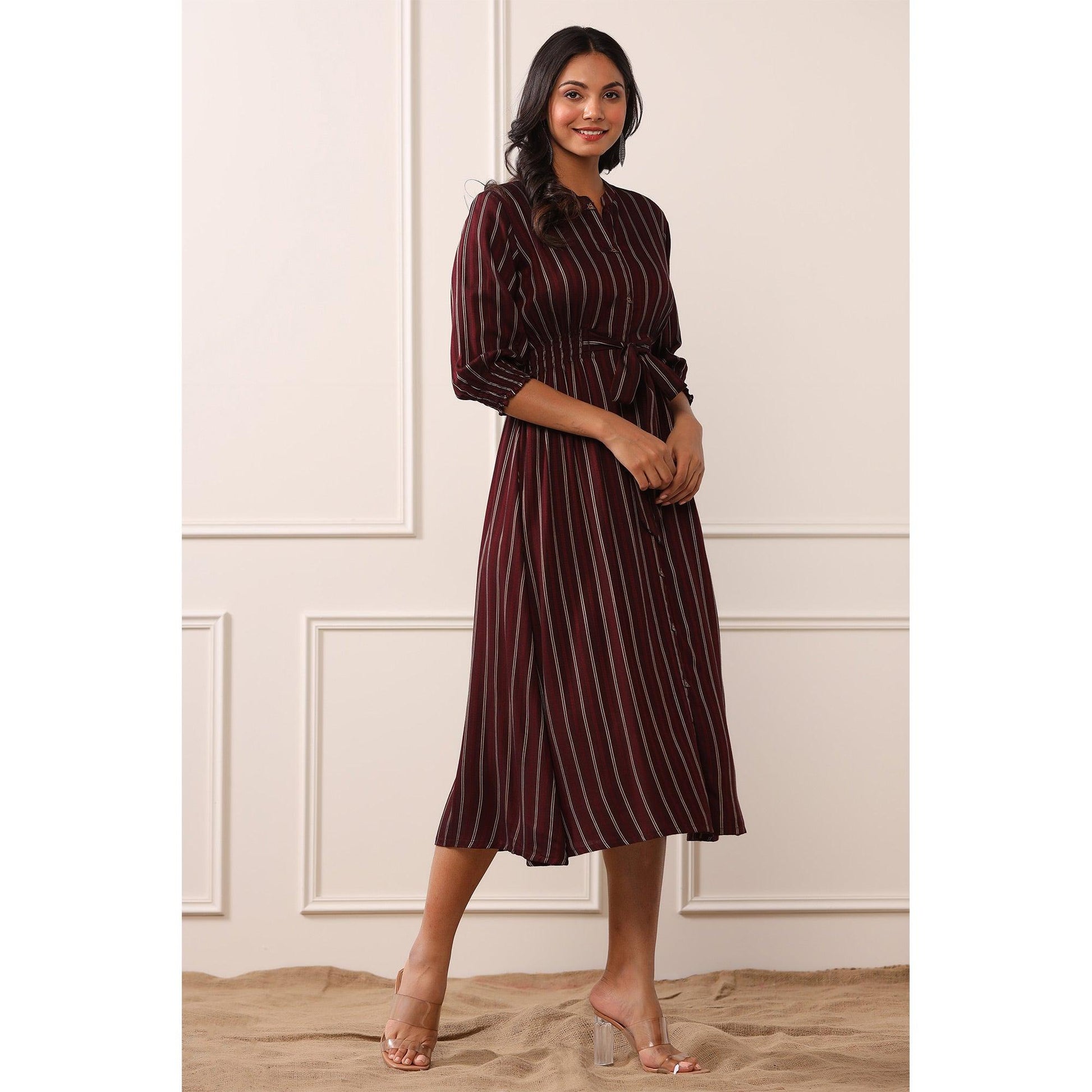 Brown Stripe Printed Rayon Dress