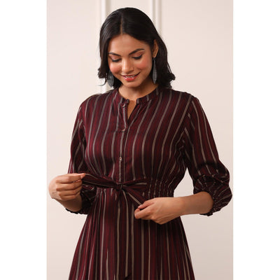 Brown Stripe Printed Rayon Dress