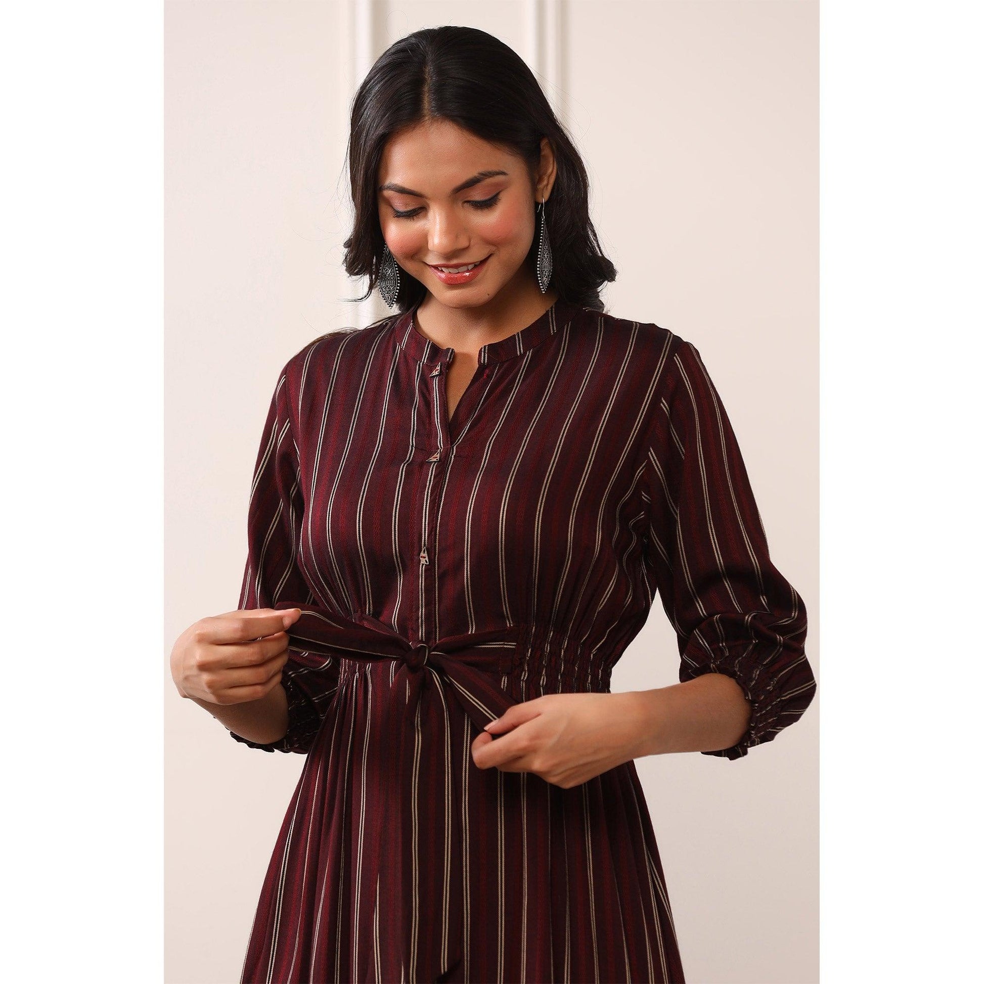 Brown Stripe Printed Rayon Dress