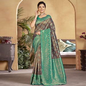 Brown-Turquoise Woven Art Silk Saree