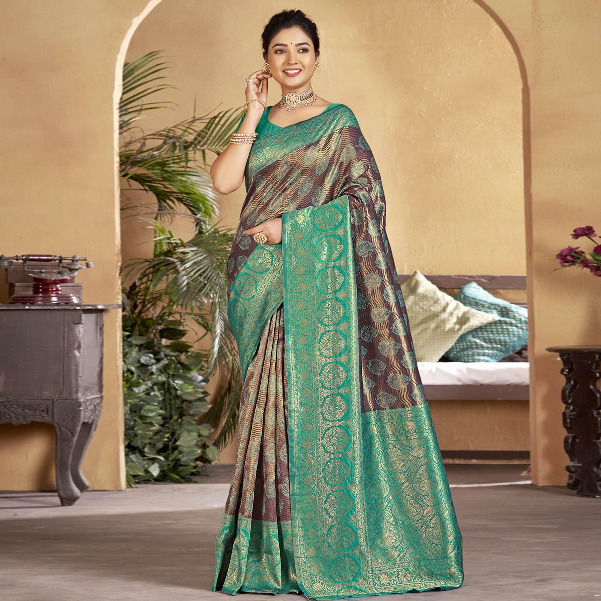 Brown-Turquoise Woven Art Silk Saree