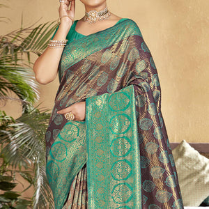 Brown-Turquoise Woven Art Silk Saree