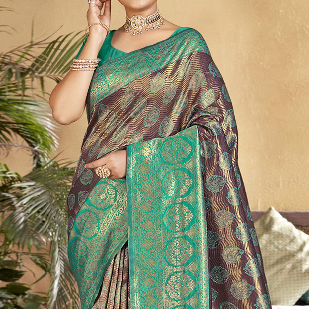 Brown-Turquoise Woven Art Silk Saree