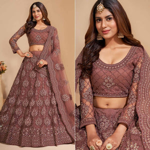 Brown Wedding Wear Embroidered With Embellished Net Lehenga Choli