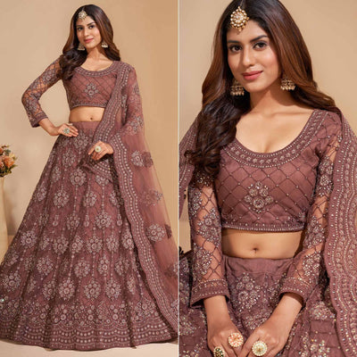 Brown Wedding Wear Embroidered With Embellished Net Lehenga Choli