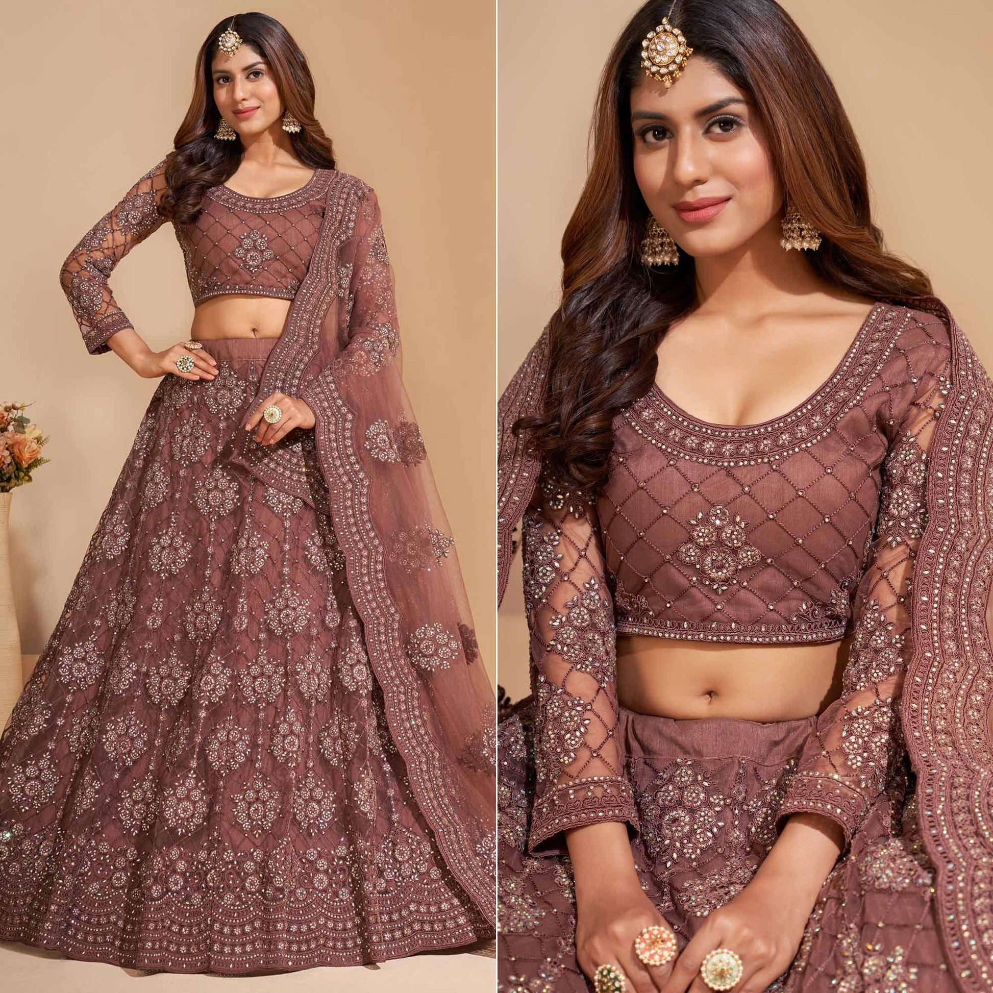 Brown Wedding Wear Embroidered With Embellished Net Lehenga Choli