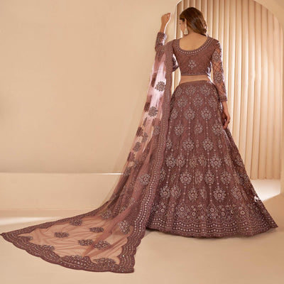 Brown Wedding Wear Embroidered With Embellished Net Lehenga Choli