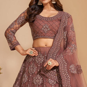 Brown Wedding Wear Embroidered With Embellished Net Lehenga Choli