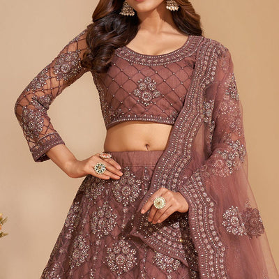 Brown Wedding Wear Embroidered With Embellished Net Lehenga Choli