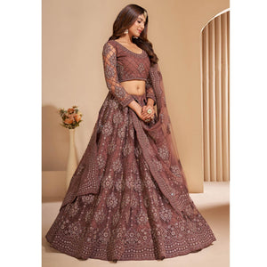 Brown Wedding Wear Embroidered With Embellished Net Lehenga Choli