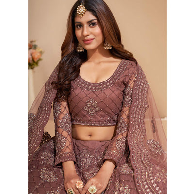 Brown Wedding Wear Embroidered With Embellished Net Lehenga Choli