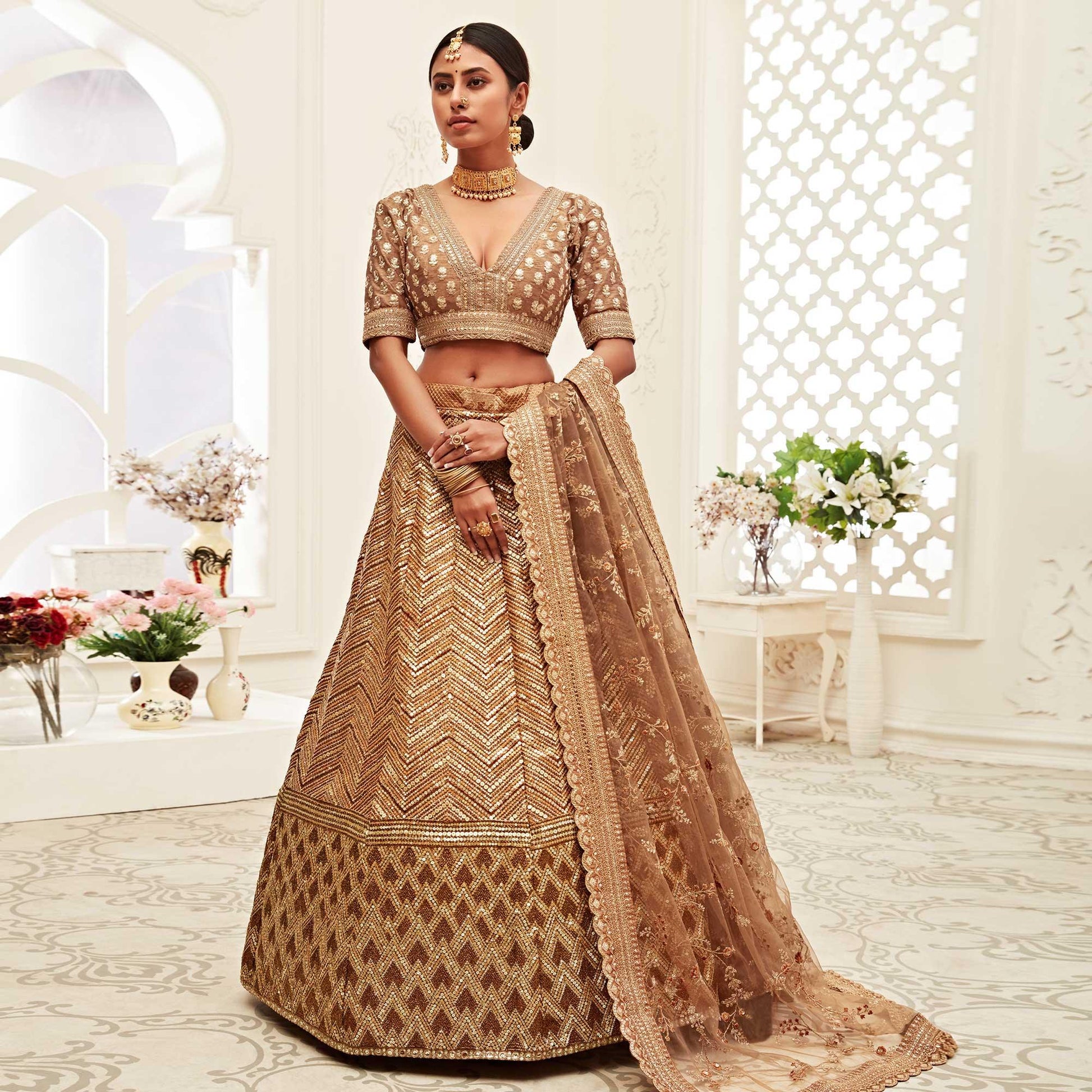 Brown Wedding Wear Floral Sequins Embroidered Slub Silk Lehenga Choli
