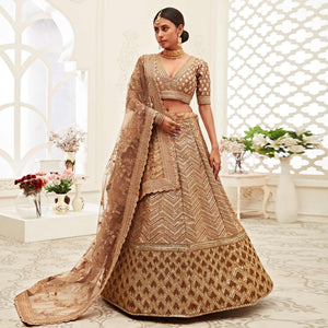 Brown Wedding Wear Floral Sequins Embroidered Slub Silk Lehenga Choli