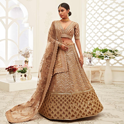Brown Wedding Wear Floral Sequins Embroidered Slub Silk Lehenga Choli