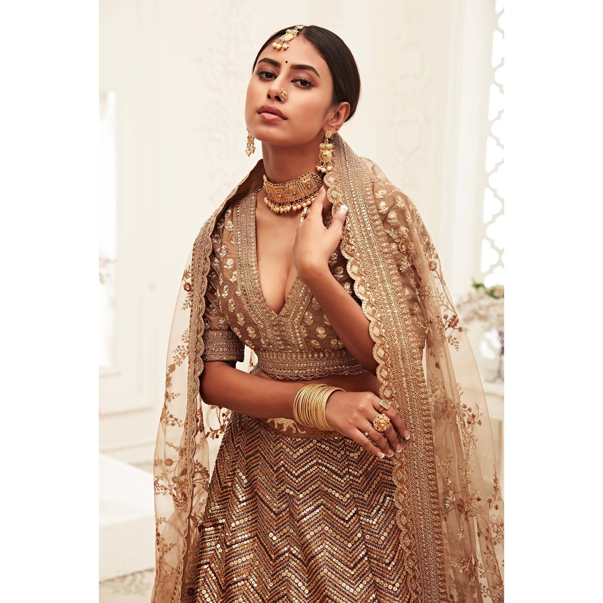 Brown Wedding Wear Floral Sequins Embroidered Slub Silk Lehenga Choli