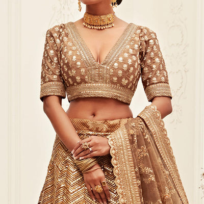 Brown Wedding Wear Floral Sequins Embroidered Slub Silk Lehenga Choli