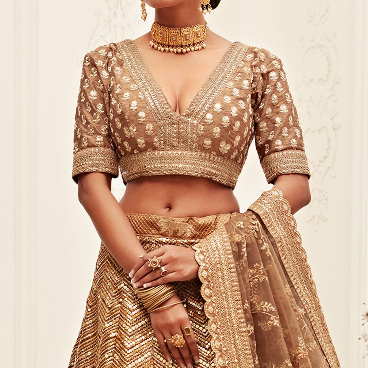 Brown Wedding Wear Floral Sequins Embroidered Slub Silk Lehenga Choli