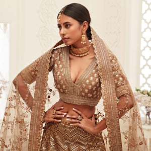 Brown Wedding Wear Floral Sequins Embroidered Slub Silk Lehenga Choli