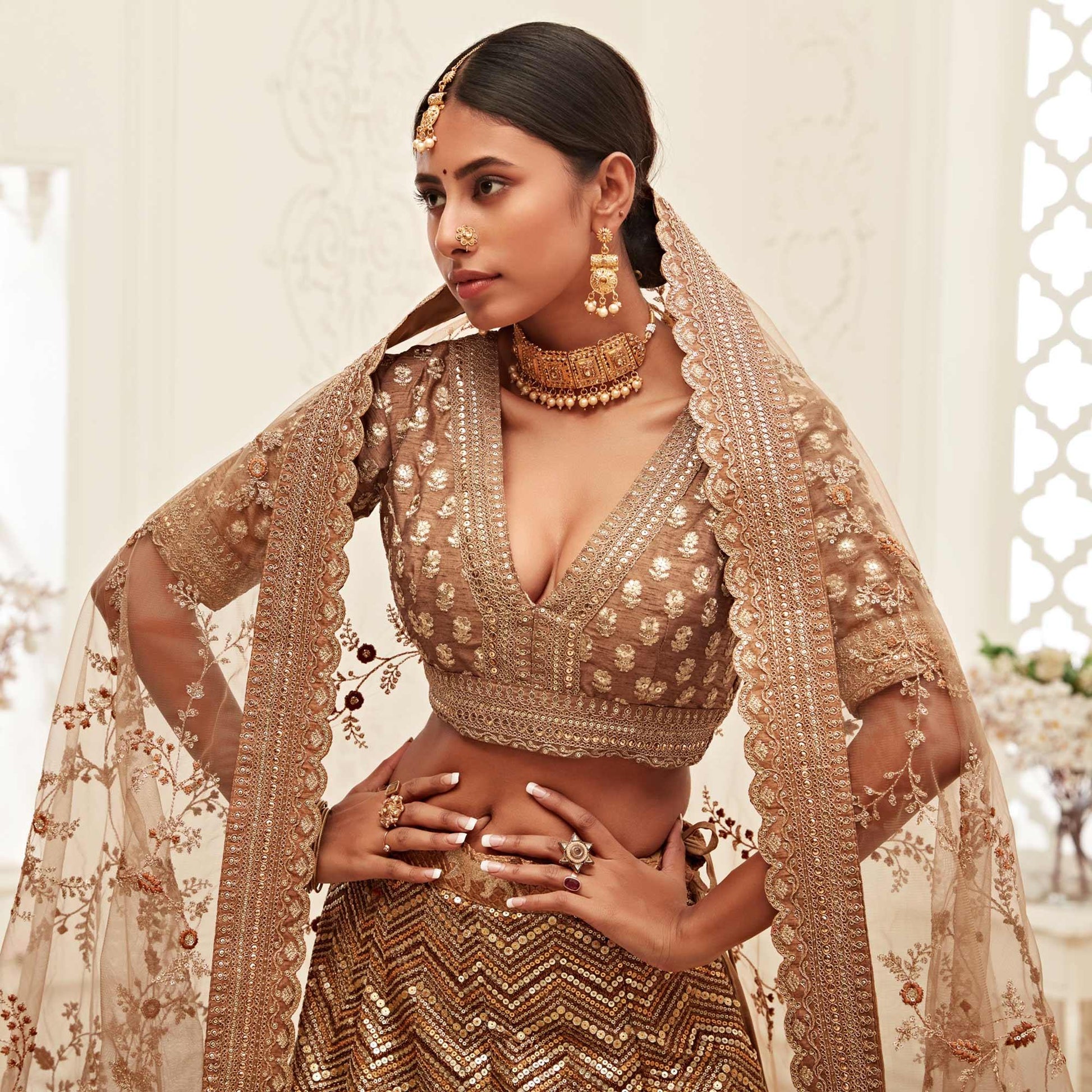Brown Wedding Wear Floral Sequins Embroidered Slub Silk Lehenga Choli