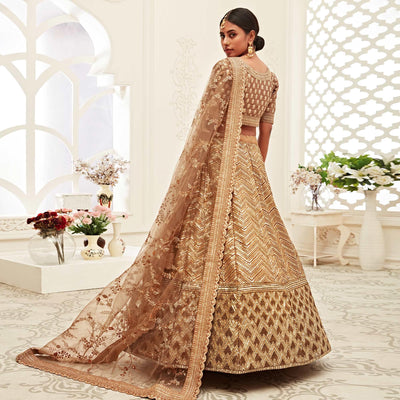 Brown Wedding Wear Floral Sequins Embroidered Slub Silk Lehenga Choli