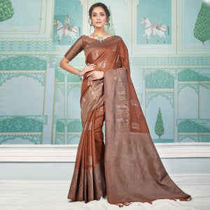 Brown Woven Art Silk Saree With Tassels