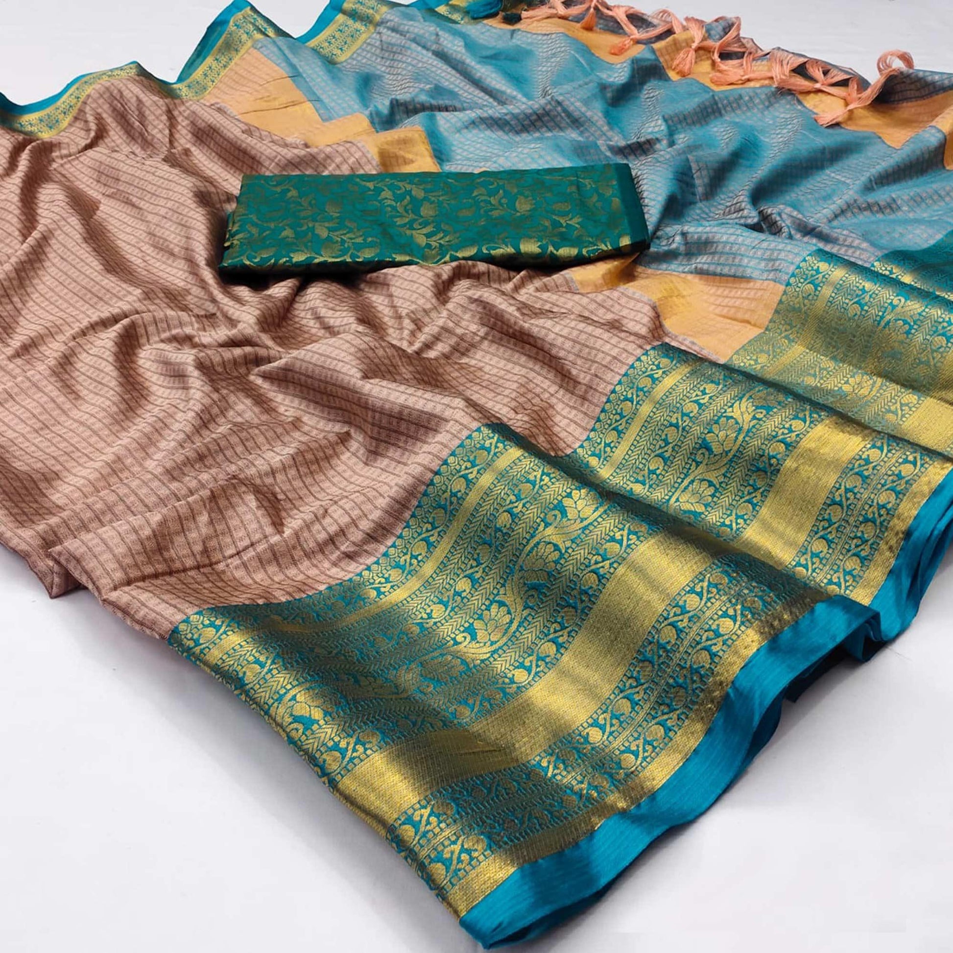 Brown Woven Cotton Silk Saree With Tassels