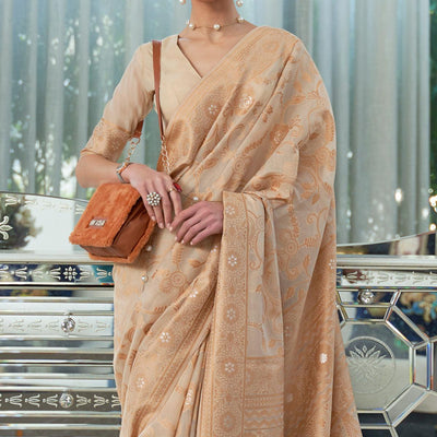 Brown Woven Lucknowi Chickankari Modal Saree