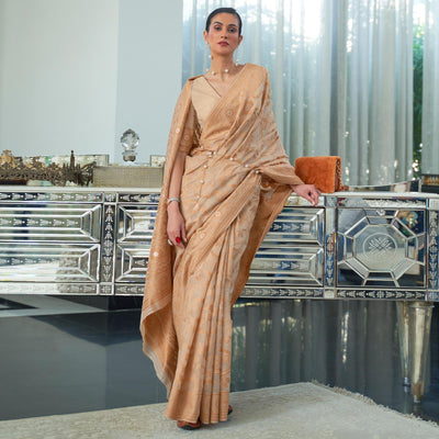 Brown Woven Lucknowi Chickankari Modal Saree