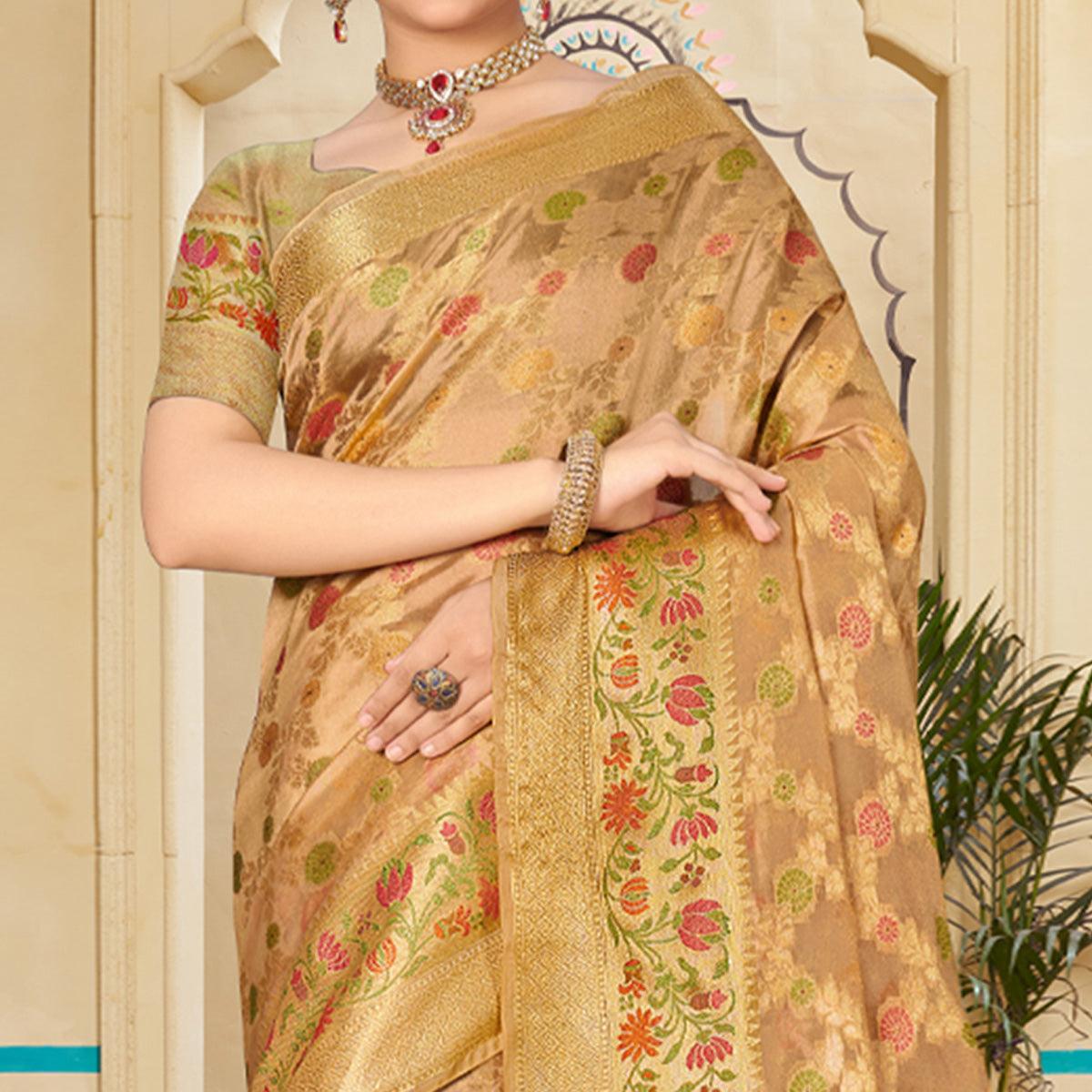Brown Woven Organza Saree