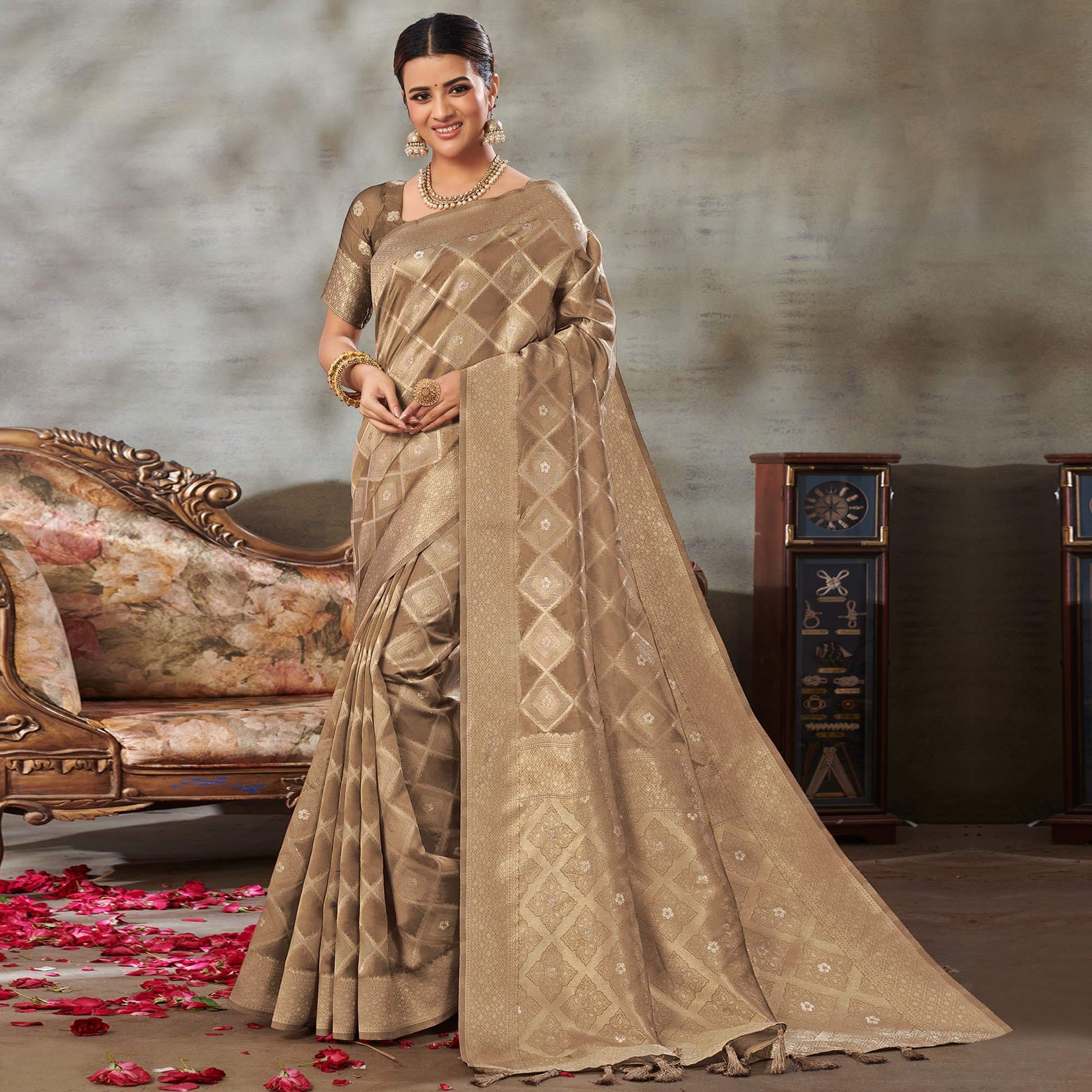 Brown Woven Organza Saree With Tassels