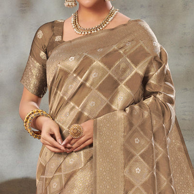 Brown Woven Organza Saree With Tassels