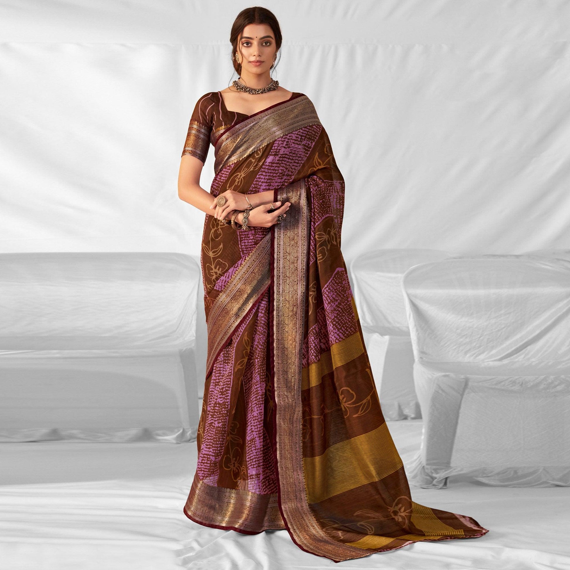 Brown Woven-Printed Chanderi Saree