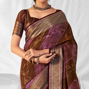 Brown Woven-Printed Chanderi Saree