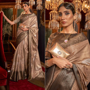 Brown Woven Pure Silk Saree With Tassels