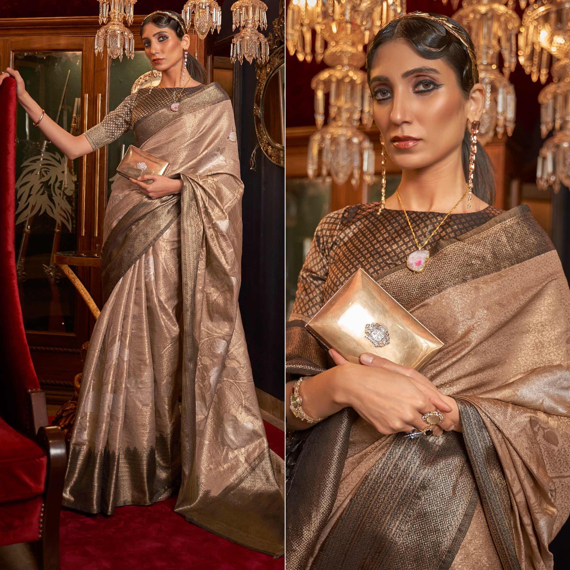 Brown Woven Pure Silk Saree With Tassels