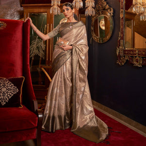 Brown Woven Pure Silk Saree With Tassels