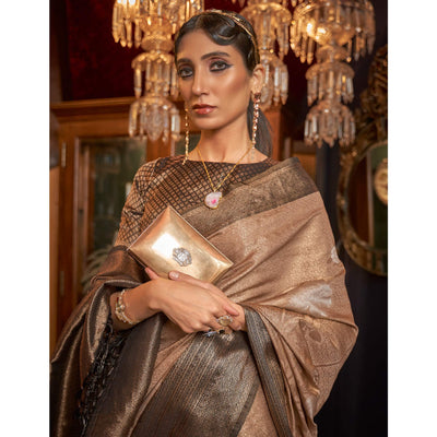 Brown Woven Pure Silk Saree With Tassels