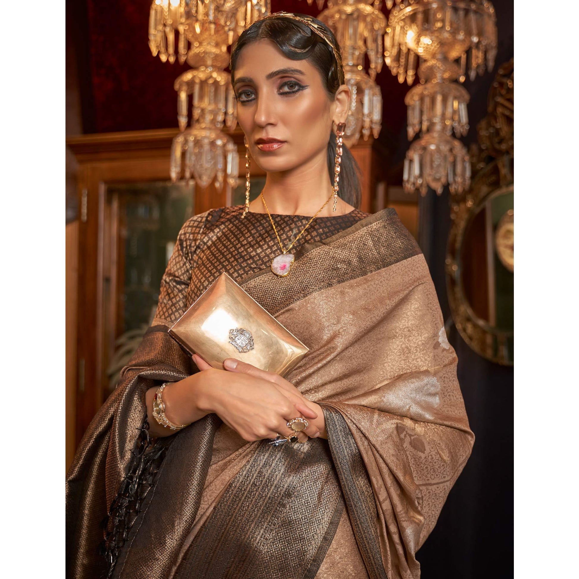 Brown Woven Pure Silk Saree With Tassels