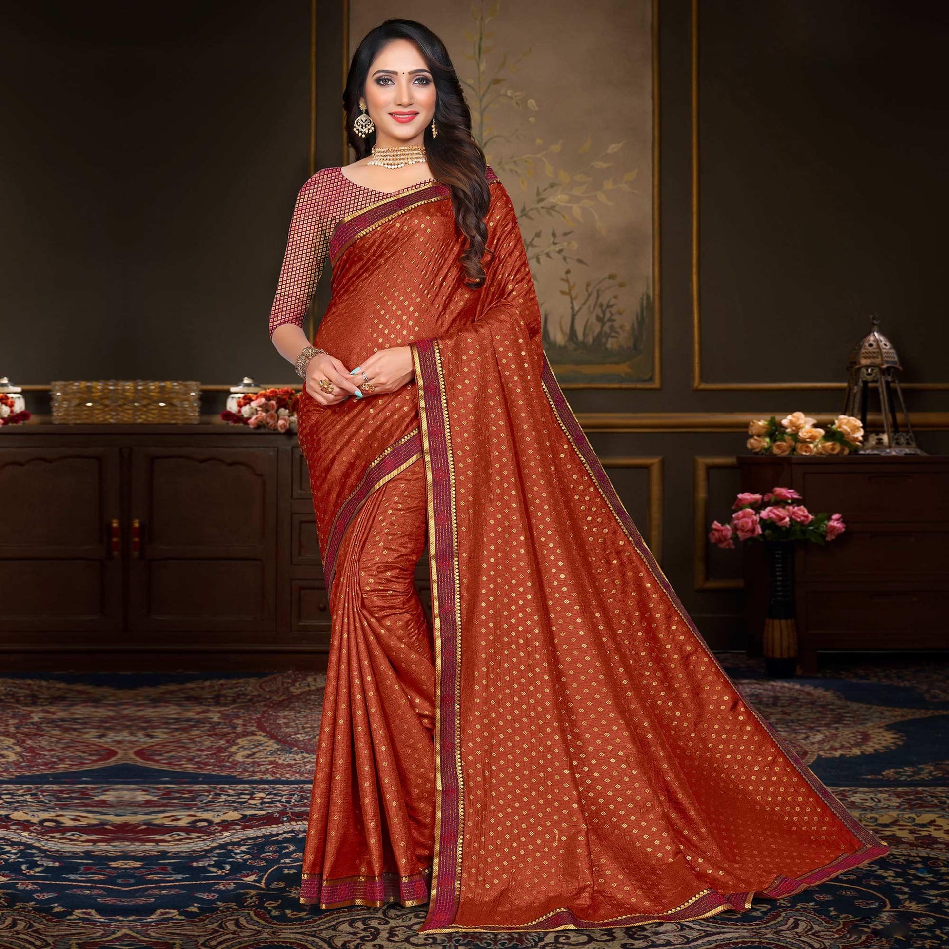Brown Woven Vichitra Silk Saree