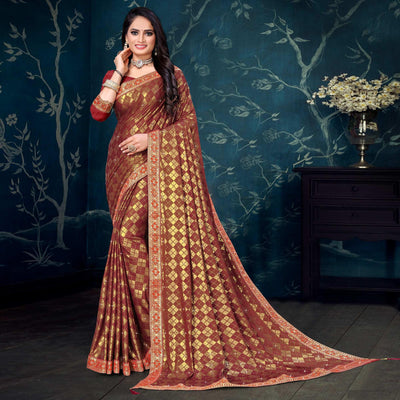 Brown Woven With Diamond Work Art Silk Saree