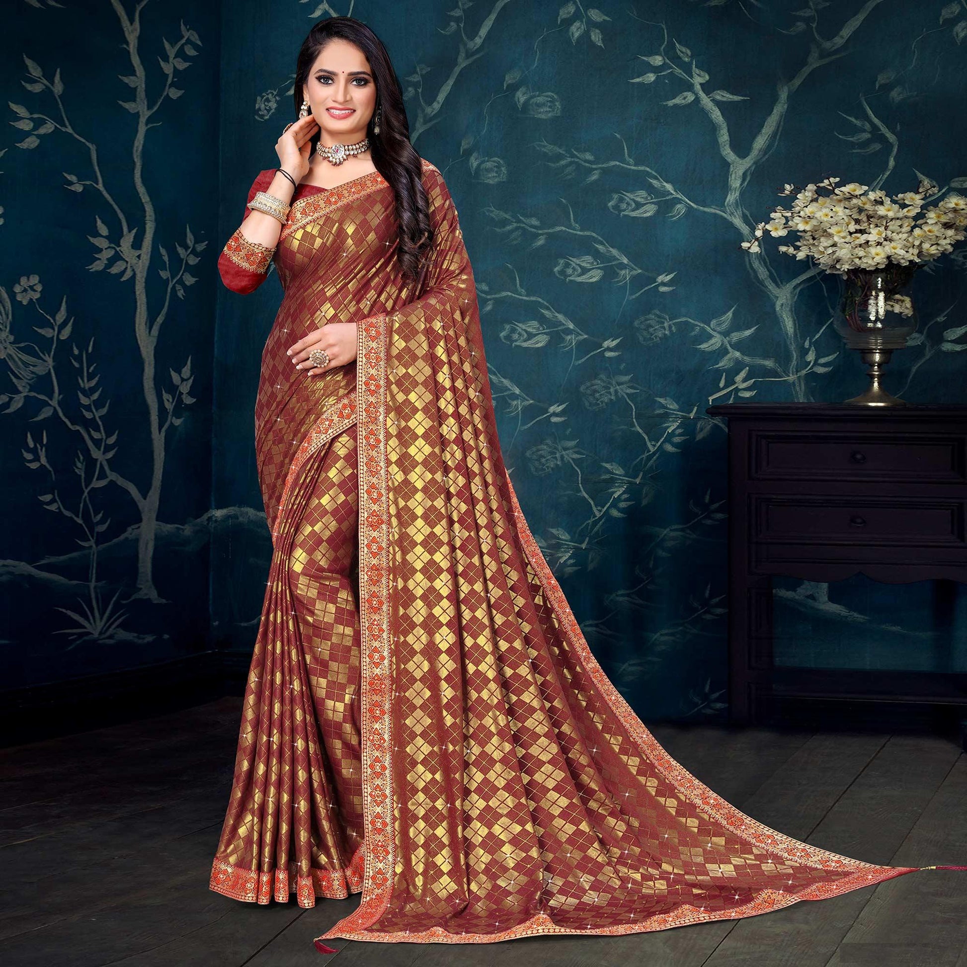 Brown Woven With Diamond Work Art Silk Saree