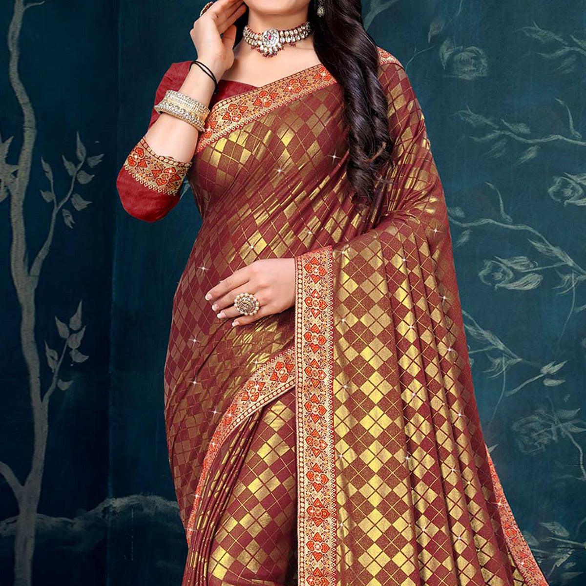 Brown Woven With Diamond Work Art Silk Saree