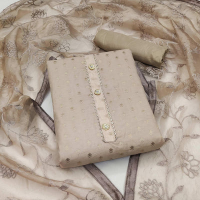 Brown Woven With Gota Work Cotton Blend Dress Material